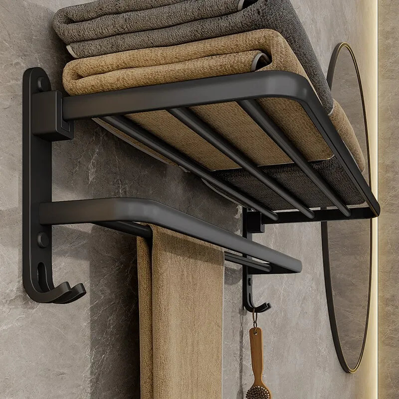 Matte Black 50CM Folding Towel Holder with Hook – Wall-Mounted Aluminum Rack