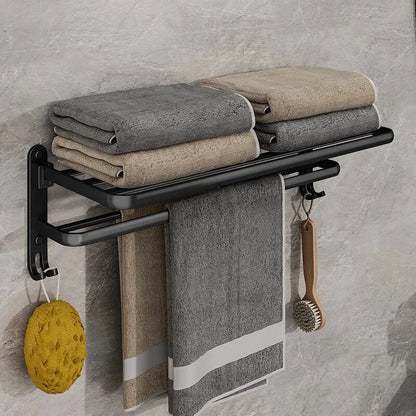 Matte Black 50CM Folding Towel Holder with Hook – Wall-Mounted Aluminum Rack