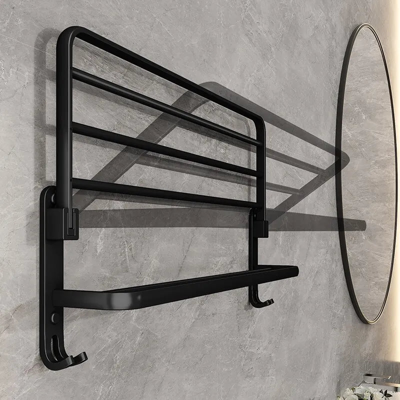 Matte Black 50CM Folding Towel Holder with Hook – Wall-Mounted Aluminum Rack